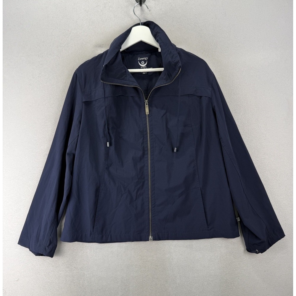 Chico's Zenergy Navy Blue Hooded Jacket Full Zip Lightweight Women's Size 2 (L)